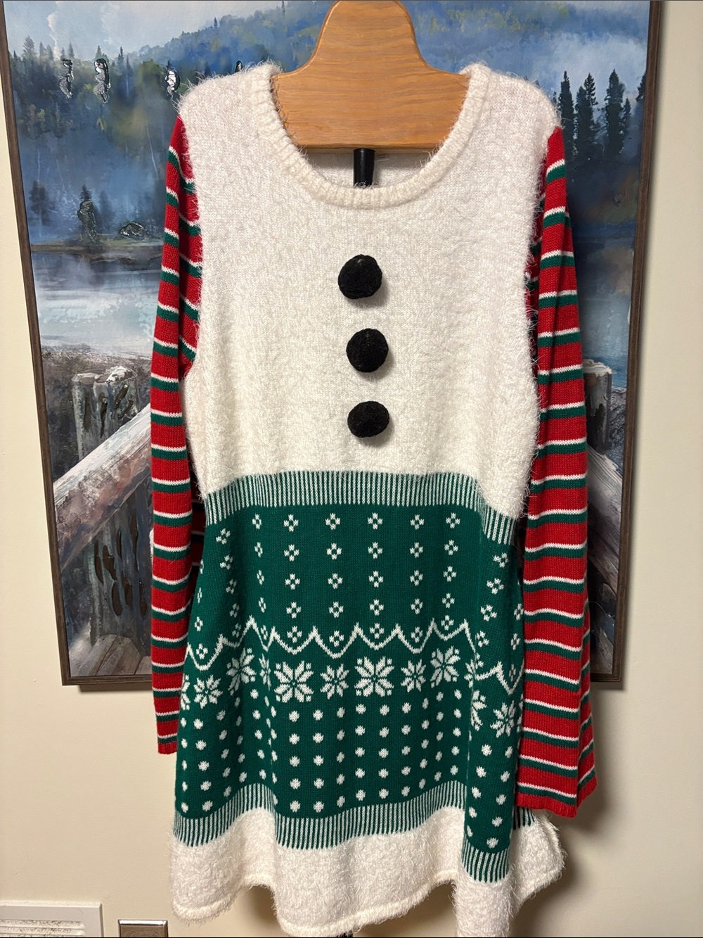 Holiday Snowman-Inspired Mini Dress in Green, Red and White